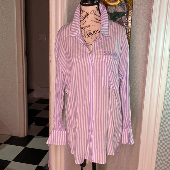 Savage X Fenty COASTAL STRIPE WOVEN VOILE SLEEP SHIRT size medium NWOT - Picture 5 of 10